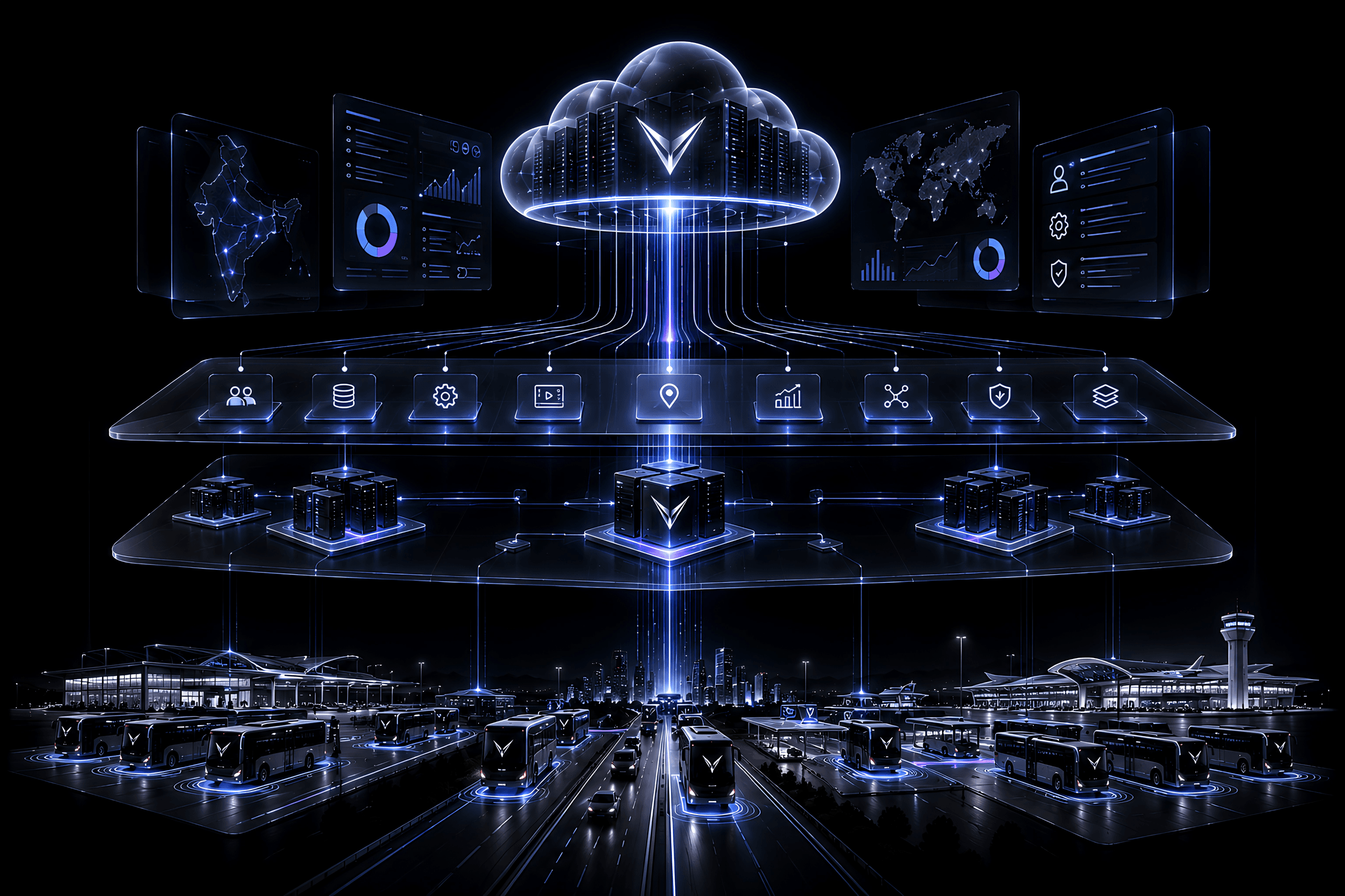 VMOVEXA End-to-End Fleet Architecture: Cloud Datacenter, Microservice Tier, Edge Servers, and Connected Fleet